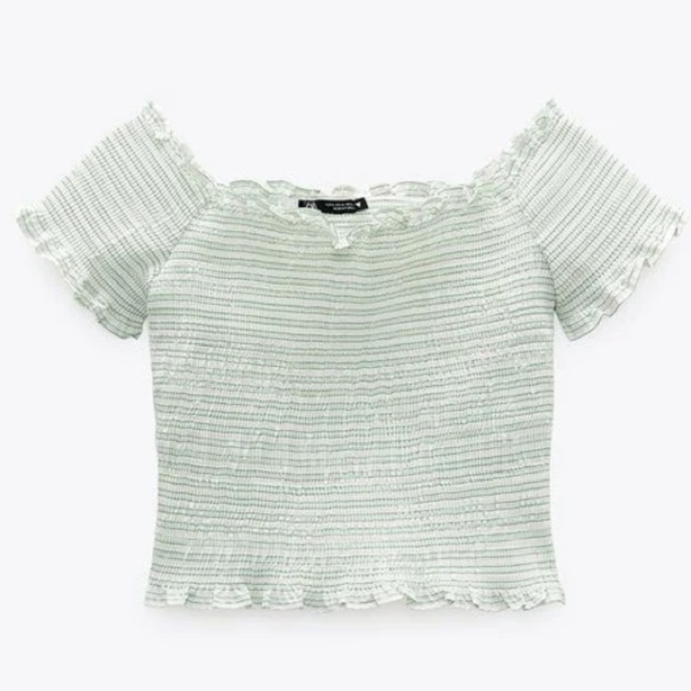 NWT Zara green and white fitted smocked crop top size large - Picture 2 of 5